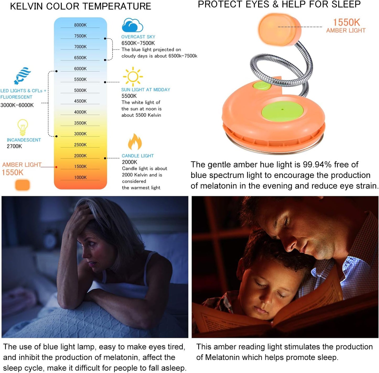 LUXSWAY Rechargeable Reading Light for Kids, LED Book Light with Magnetic Clip and Flexible Gooseneck, Cute Amber Bookmark Light - Violet