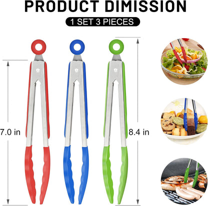 Hotec Mini Silicone Kitchen Tongs for Cooking - 7-Inch Small Serving Tongs with Silicone Tips, Set of 3 (Black,Grey,Light Blue)