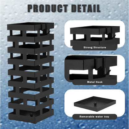Tudomro Umbrella Stands for Entryway Large Metal Umbrella Holder 6.3 x 5.5 x 16.5 Inches with Removable Water Tray and Hooks Decor Freestanding Rectangular Hollow Rack for Home Office(Black)