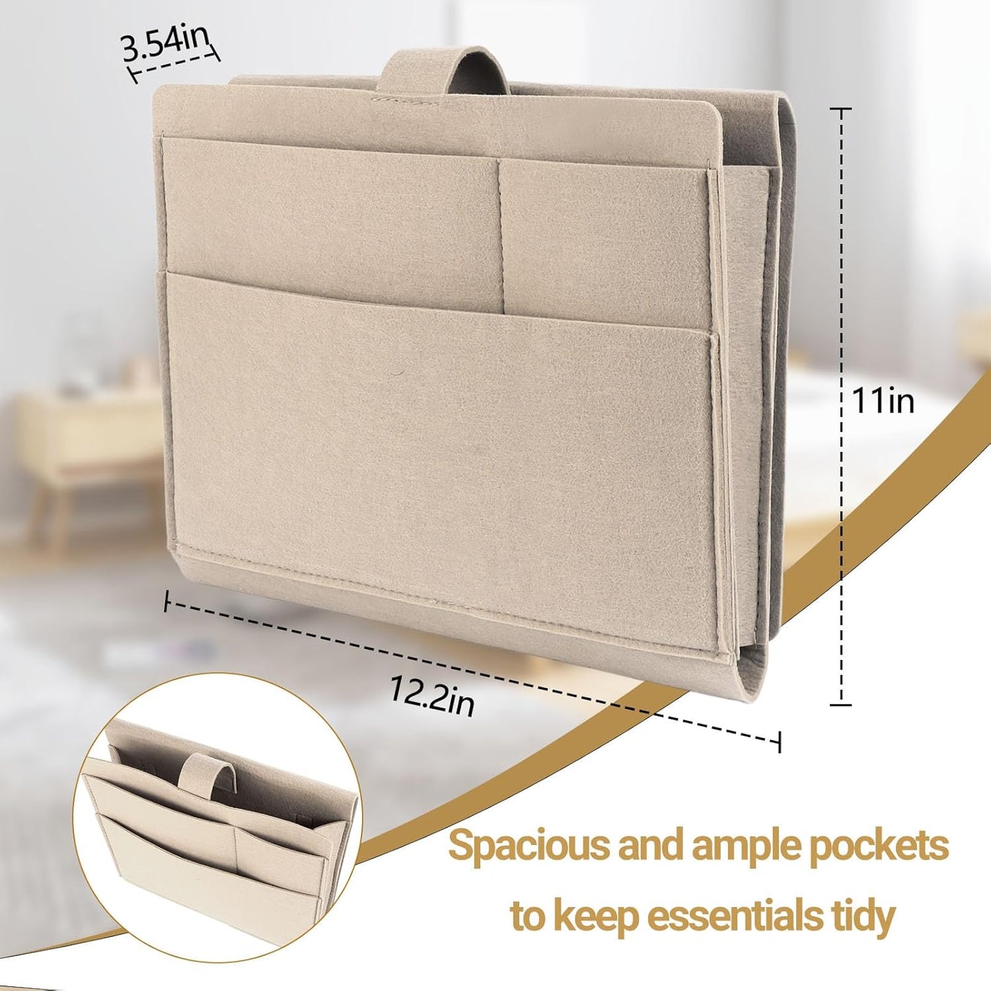 Seefoo Bed Caddy Organizer, Bunk Bed Shelf Caddy with 4 Pockets Grey | Easy Storage, Magazine Holder, Sturdy Bedside Organizer, Strong-Grip Loop Tape Sticky, for Bed, Bunk, Dorm, Sofa