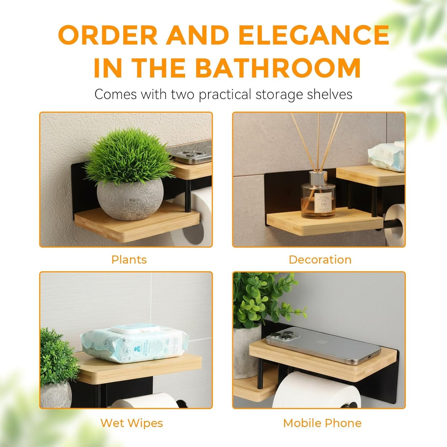 Toilet Paper Holder with Shelf, Wall Mount Toilet Paper Roll Holder with Wooden Shelf & Matte Black Stainless Steel Pipe, Bathroom Organizer for Roll Tissue, Phone, Wipes, Plant for Bathroom, Washroom