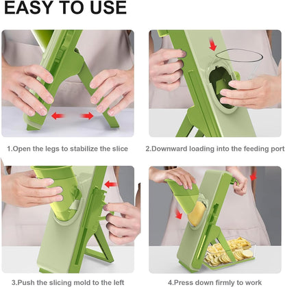 Eletronova Safe Mandoline Slicer for Kitchen, Vegetable Slicer with Container, French Fry Cutter, All in 1 Julienne Slicer for Potato, Thickness Adjustable, Detachable Blade (Green)