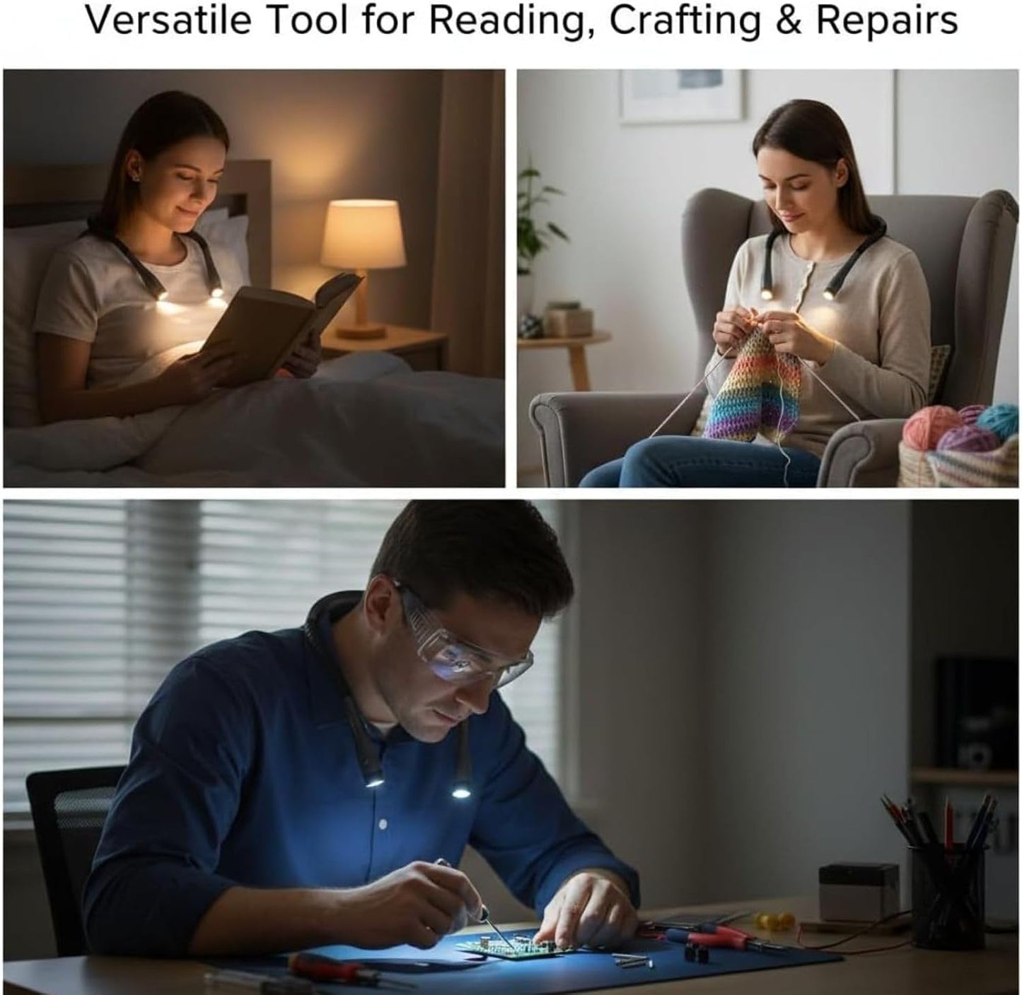 KARIB'LIGHT Rechargeable Neck Reading Light – LED Book Lamp for Bed, Blue Light Filter (Eye Care) – 1000mAh Battery, 3 Modes & Flexible Arms – Hands-Free for Knitting, Repair, Camping Hands Free