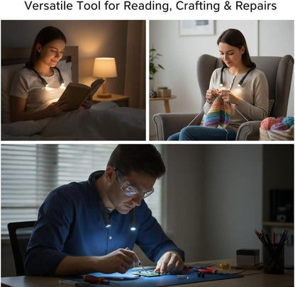 KARIB'LIGHT Rechargeable Neck Reading Light – LED Book Lamp for Bed, Blue Light Filter (Eye Care) – 1000mAh Battery, 3 Modes & Flexible Arms – Hands-Free for Knitting, Repair, Camping Hands Free