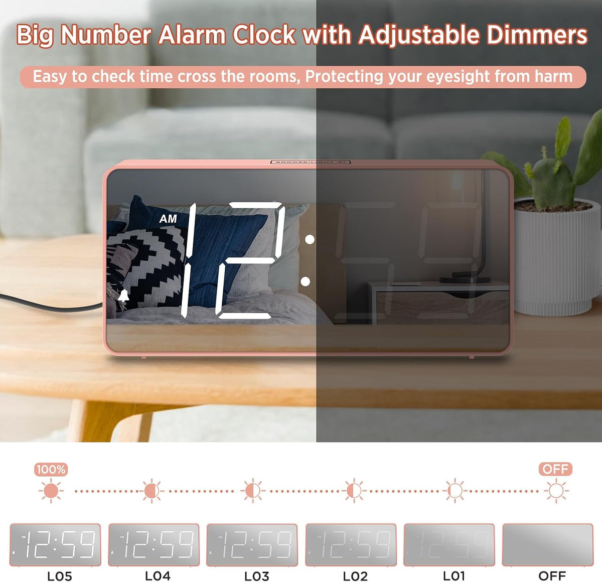 Peakeep Digital Alarm Clock for Bedroom Bedside, Large Display, USB Charger