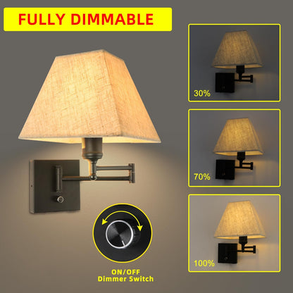 Wall Mounted Lamp Plug in Wall Sconce with Dimmable Switch Swing Arm Wall Lamp Whire Fabric Shade with USB Port Gold Wall Sconce Suitable for Hallway Bedroom Living Room…