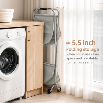 STORAGE MANIAC Collapsible Laundry Cart with Wheels 35.6"H Removable Canvas Bag Rolling Laundry Hamper Clothes Basket with Wheels, Sturdy Steel Frame Folding for Small Narrow Space Easy Storage, Beige