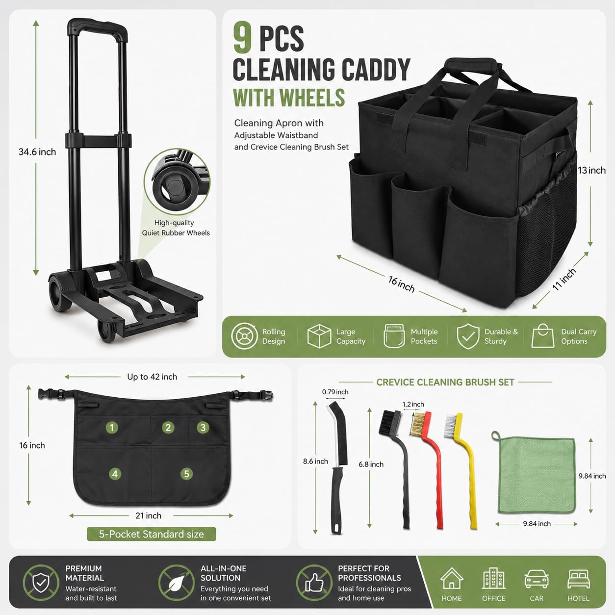 Cleaning Tools Cleaning Caddy with Wheels and Cleaning Apron, Large Rolling Cleaning Caddy Bag with Detachable Trolley, 6PCS Crevice Cleaning Brush Set, Adjustable Shoulder Strap & Multiple Pockets