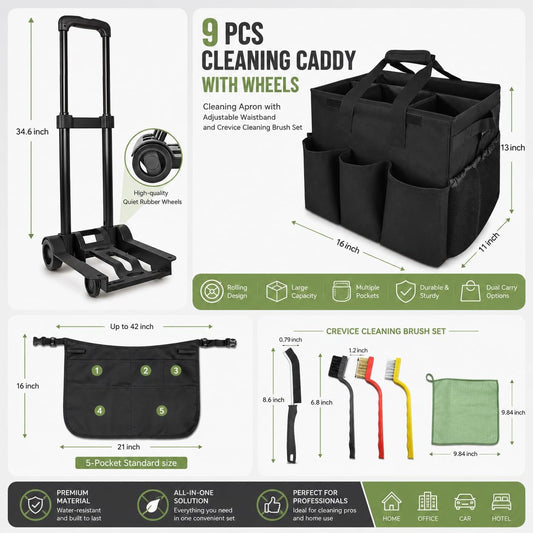 Cleaning Tools Cleaning Caddy with Wheels and Cleaning Apron, Large Rolling Cleaning Caddy Bag with Detachable Trolley, 6PCS Crevice Cleaning Brush Set, Adjustable Shoulder Strap & Multiple Pockets