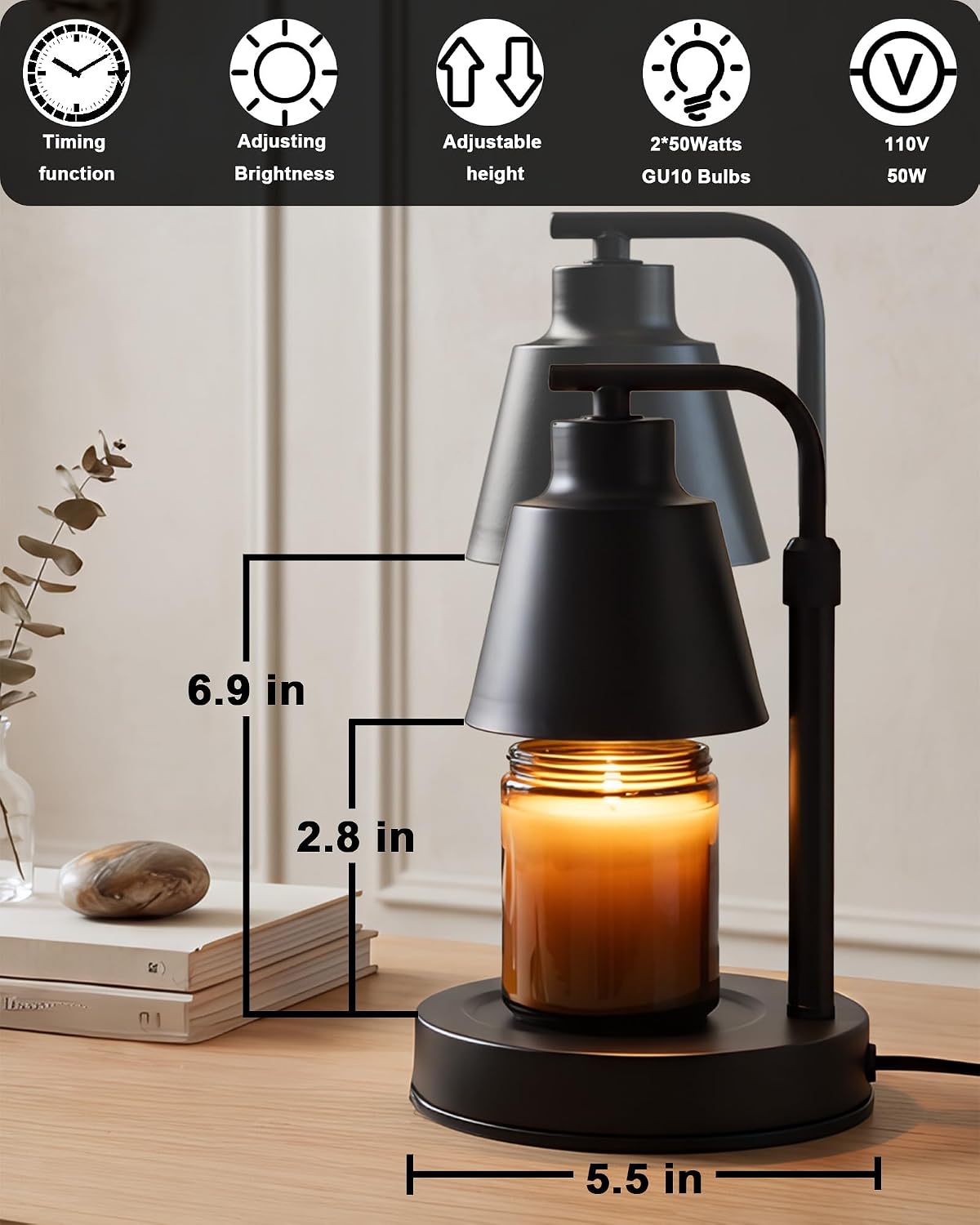 Candle Warmer Lamp with Timer, Dimmable, Adjustable Height, Black