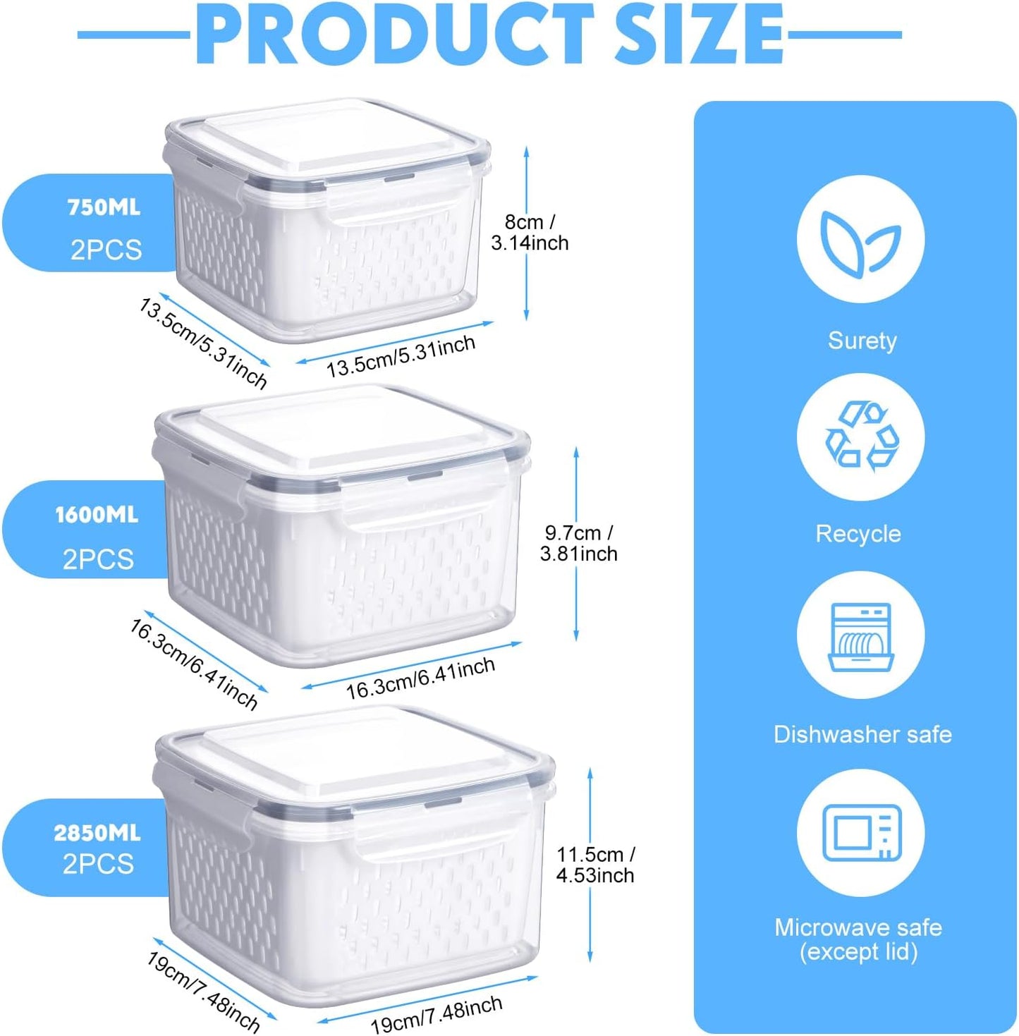 6 Pcs Fruit Storage Containers for Fridge, Food Storage Containers Berry Produce Fridge Organizer with Removable Colander Keep Fruits, Vegetable, Veggie, Meat Fresh Longer(Small, Medium, Large)