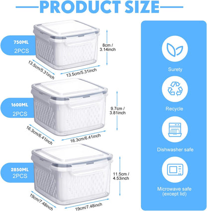 6 Pcs Fruit Storage Containers for Fridge, Food Storage Containers Berry Produce Fridge Organizer with Removable Colander Keep Fruits, Vegetable, Veggie, Meat Fresh Longer(Small, Medium, Large)