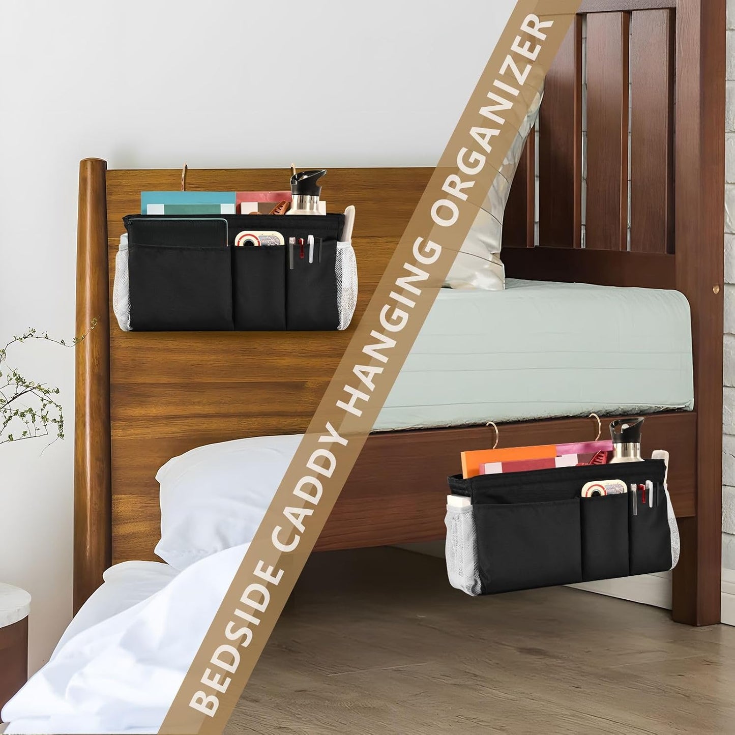 Black Bedside Caddy Storage Bag Bedside Organizer for Bed Rails College Dorm Room Organizer Caddy Hanging Shelf 6 Pockets with Hooks for Drinks Magazine Phone Holder