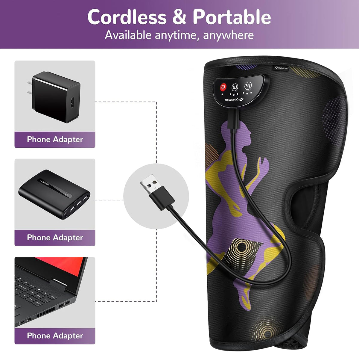 QUINEAR Cordless Calf Massager with Heat and Compression, Leg Massager for Circulation and Pain Relief, Portable Leg Massager with 3 Intensities & 3 Modes, Fast Recovery for Swelling, RLS