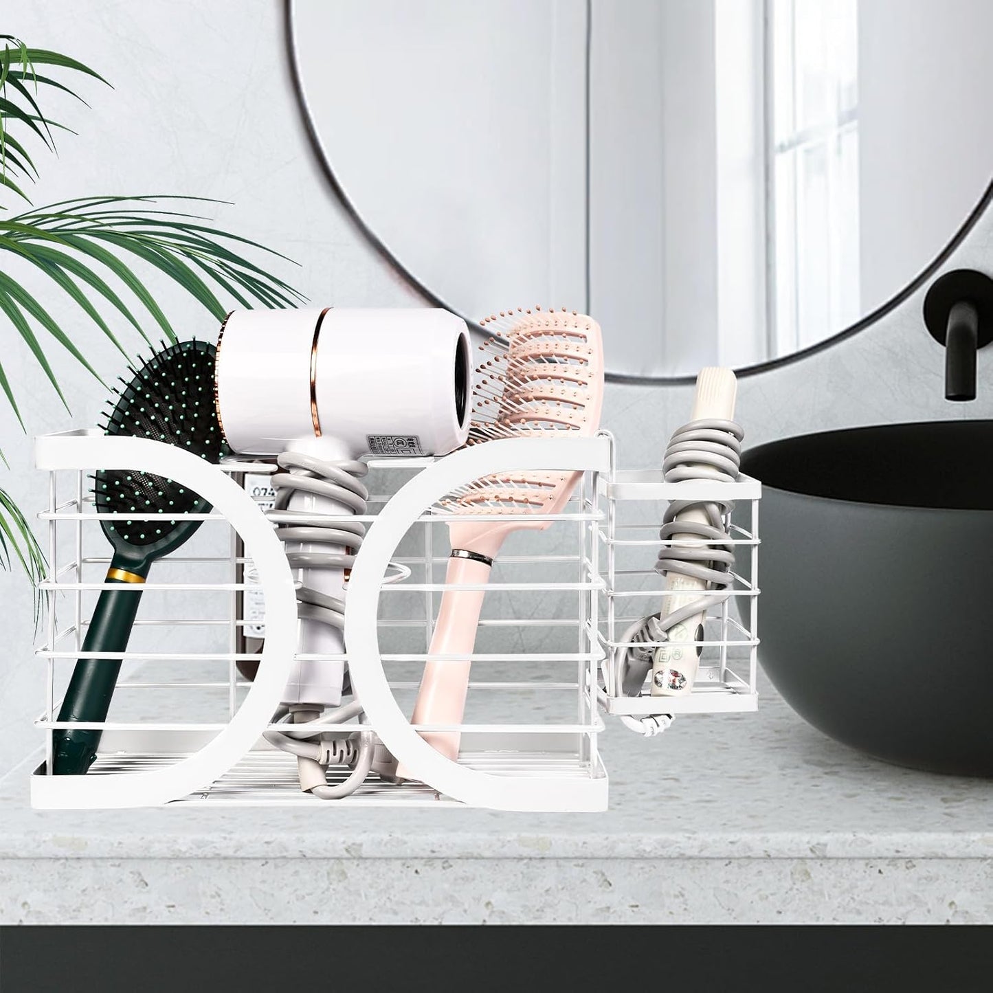 Elegant White Cabinet Door/Wall Mounted 3-in-1 Hair Dryer Holder | Stylish Bathroom Organiser, For Hair Dryer & Straightener, Hair Brush & Accessories