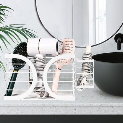 Elegant White Cabinet Door/Wall Mounted 3-in-1 Hair Dryer Holder | Stylish Bathroom Organiser, For Hair Dryer & Straightener, Hair Brush & Accessories