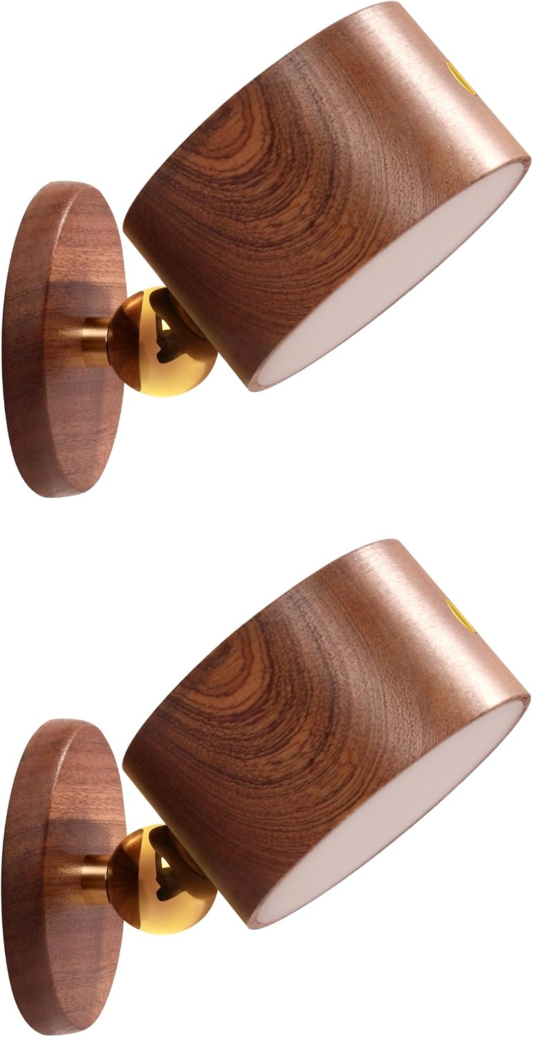 Wooden Wall Sconce 360° Rotatable Magnetic Stick on Bedside- Beech,1 PCS | Wall light self adhesive,dimmable touch control. USB-C port, minimalist style in hallways,closets,desk,reading,ambient