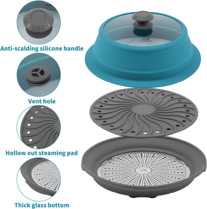 Collapsible Microwave Splatter Lid with Vented Tempered Glass Cover Wok Lid for Microwave Safe, Stockpot Steamer Pot Pan Round Bowl Plate 5" 6" 7" 8" 9" 10" Universal Multifunction Silicone Cover