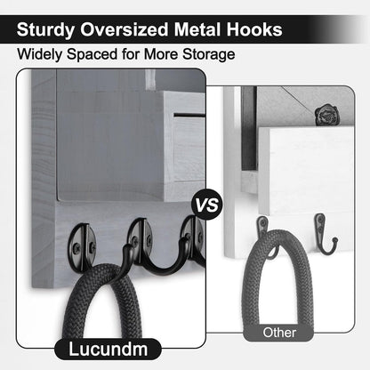 Key Holder Wall Mount, Mail Holder with Storage Drawer | Key and Mail Holder with 5 Key Hooks for Coat, Dog Leash, Home Decor Rack, House Accessories, Entry Way Organizer