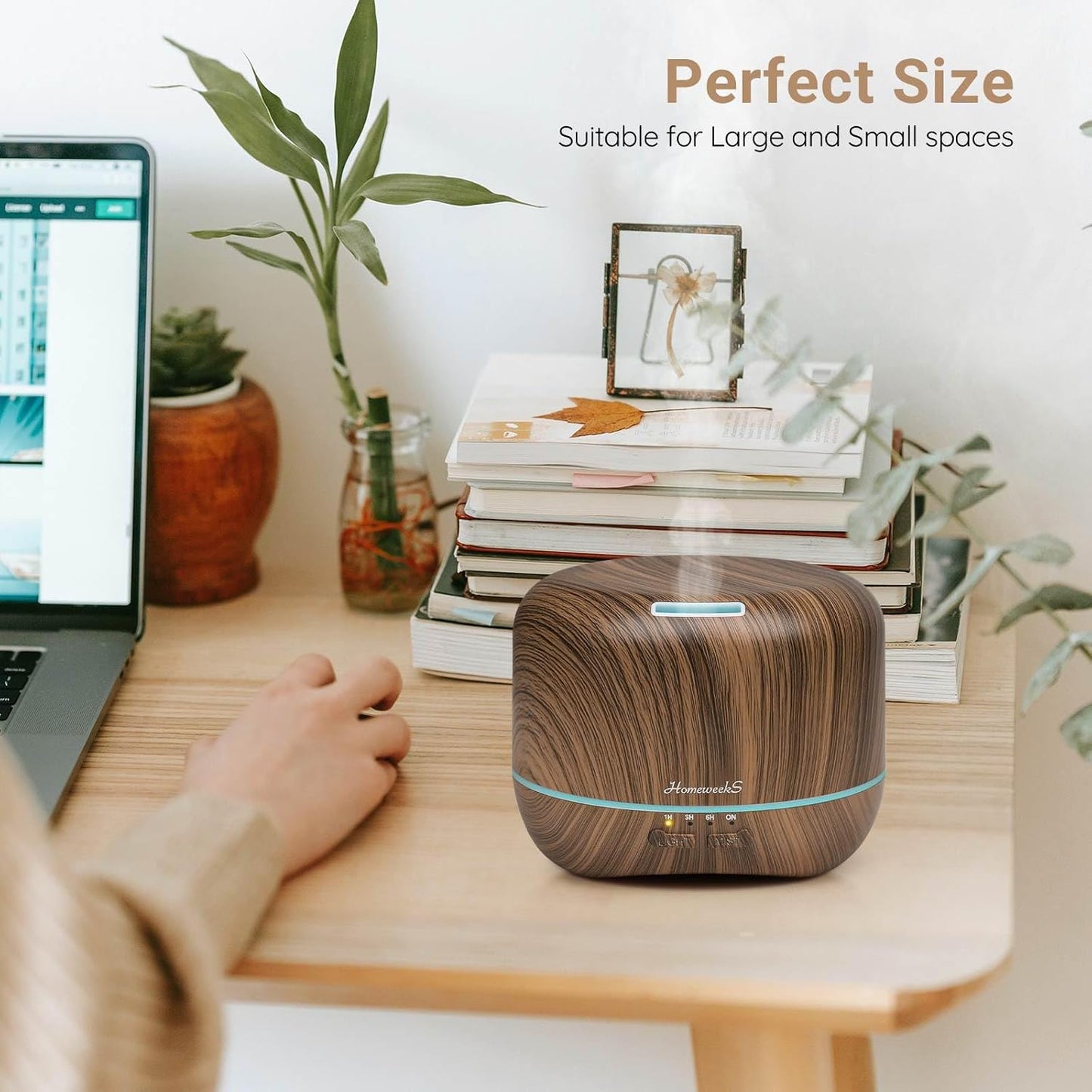 Homeweeks 300ml Essential Oil Diffuser, Quiet Aromatherapy Mist Diffusers for Essential Oils, Wood Grain, Ultrasonic, Remote Control, Timer, 7 Colors Light for Bedroom (300ml)
