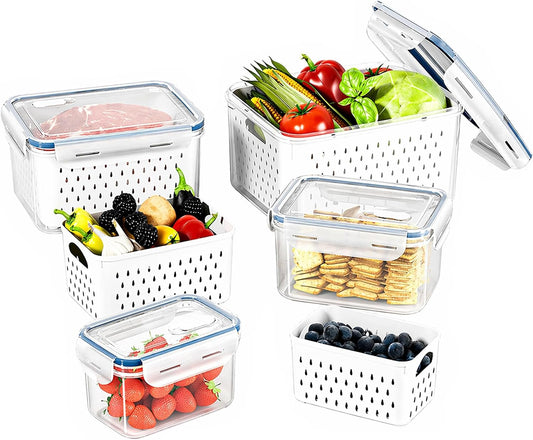 Fruit Storage Containers for Fridge with Removable Colander, Food Storage Containers with Lids, Dishwasher & Microwave Safe, Keep Berry Fruit Vegetable Meat Fresh Longer (Clear Body/Clear Lid)