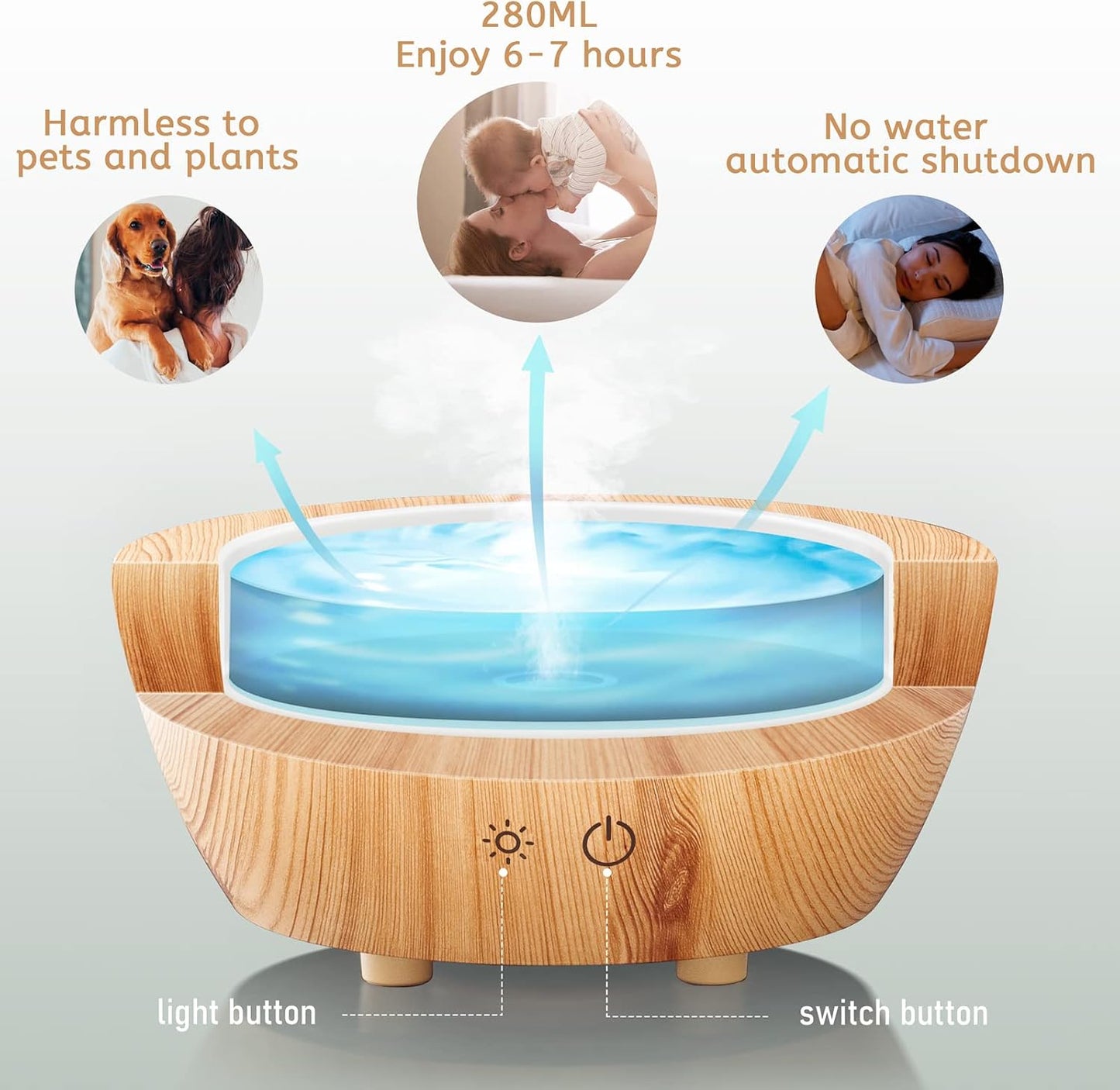 Glass Essential Oil Diffuser Wood Grain Base, 280ml Aromatherapy Diffusers Cool Mist Humidifier, LED Light in 7 Colors with Waterless Auto-Off Protection, for Office, Home, Yoga, Spa