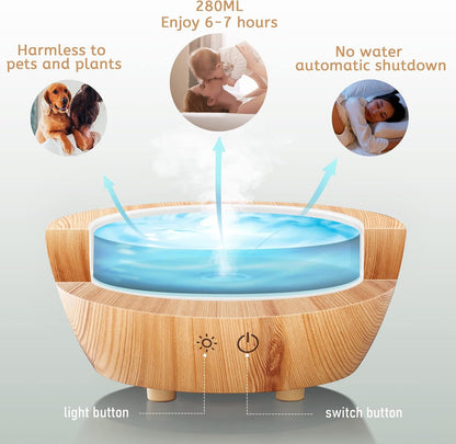 Glass Essential Oil Diffuser Wood Grain Base, 280ml Aromatherapy Diffusers Cool Mist Humidifier, LED Light in 7 Colors with Waterless Auto-Off Protection, for Office, Home, Yoga, Spa