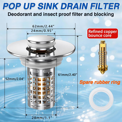 Bathroom Sink Drain Strainer, Pop-up Sink Drain Strainer with Removable Stainless Steel Strainer Basket Hair Catcher, Bathroom Sink Strainer for Bathroom Sink Stopper Replacement(1PCS)