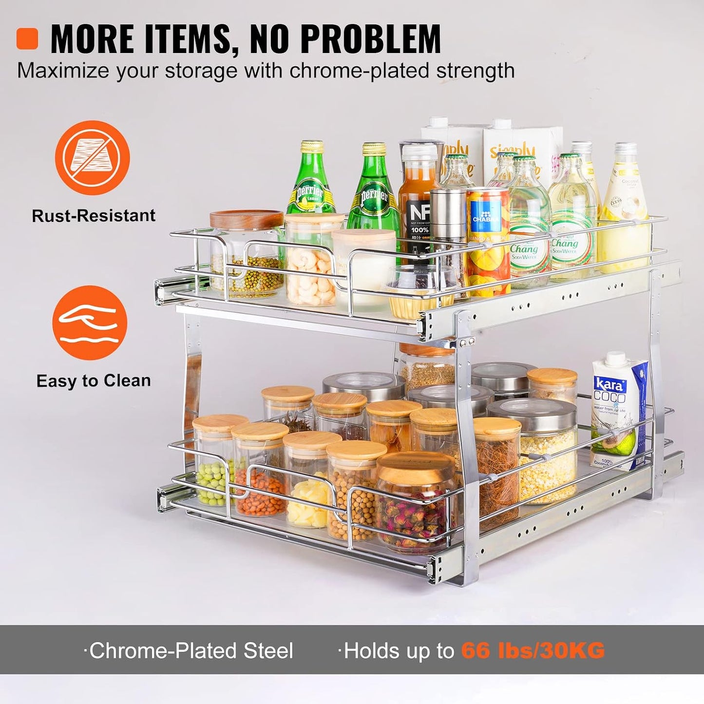 VEVOR Pull Out Cabinet Organizer, 14" Wx21.2 Dx15.2 H Heavy 2 Tier Duty Slide Out Pantry Shelves, Chrome-Plated Steel Roll Out Drawer for Under Sink, 15.5" Wx22.5 Dx19 H Install Size for Cabinet