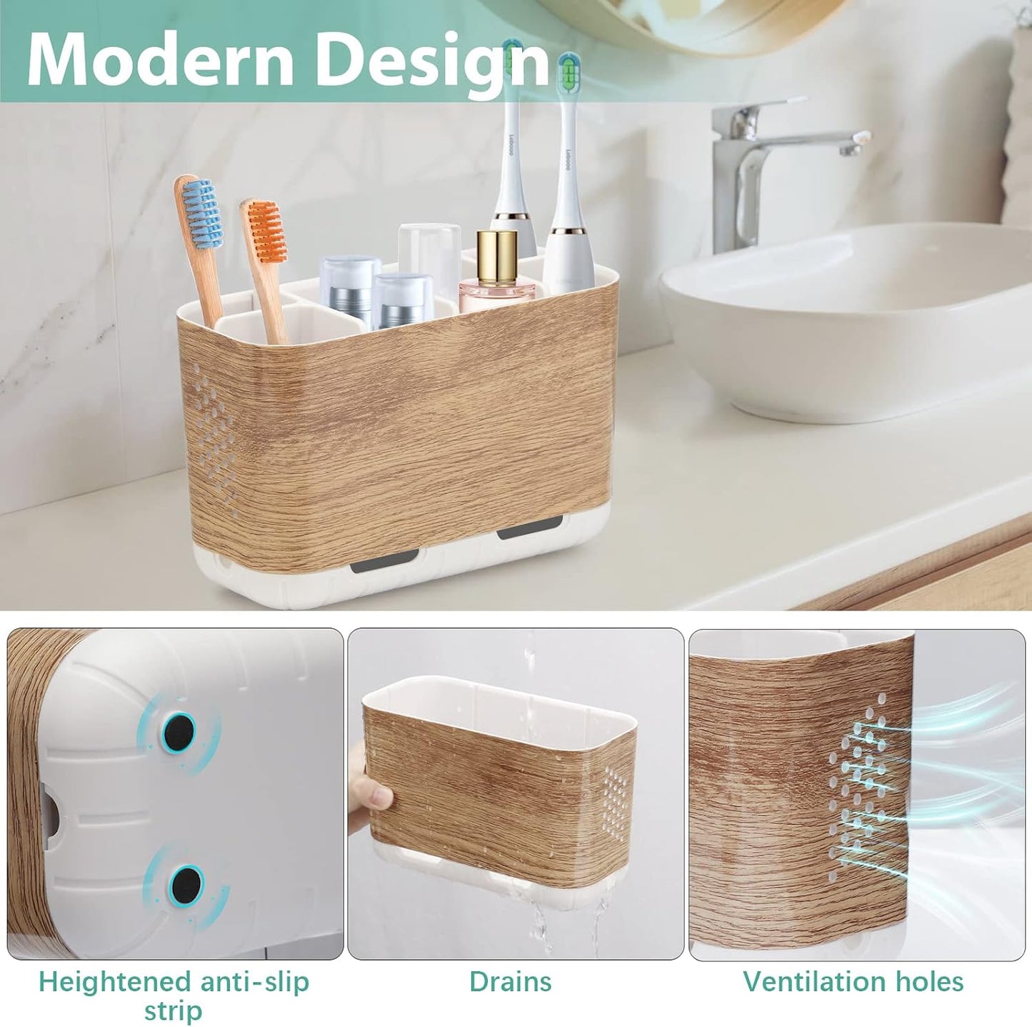 Boperzi Toothbrush and Toothpaste Holder Drainage for Bathroom Countertop with Adjustable Dividers, Large Toothpaste Caddy Organizer Storage Rustic Decor Set Anti-Slip for Shower,Family,Kids Gray