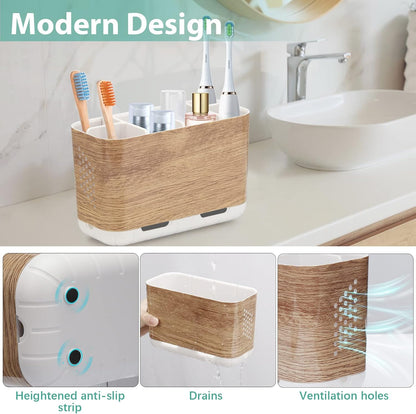 Boperzi Toothbrush and Toothpaste Holder Drainage for Bathroom Countertop with Adjustable Dividers, Large Toothpaste Caddy Organizer Storage Rustic Decor Set Anti-Slip for Shower,Family,Kids Gray