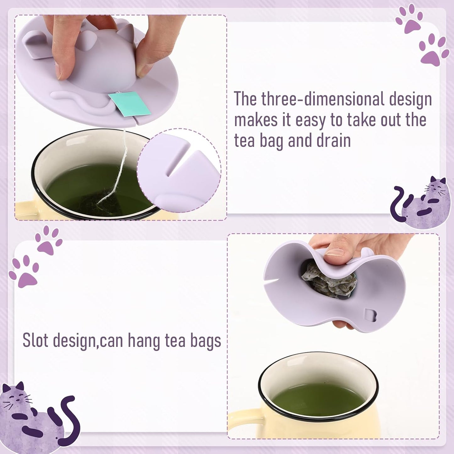 4 Pcs Tea Bag Squeezer 4 Inch Silicone Tea Bag Holder & Squeezer Dishwasher Safe Purple Cute Cat-shaped Cup Silicone Lids Warm Cover Supplies