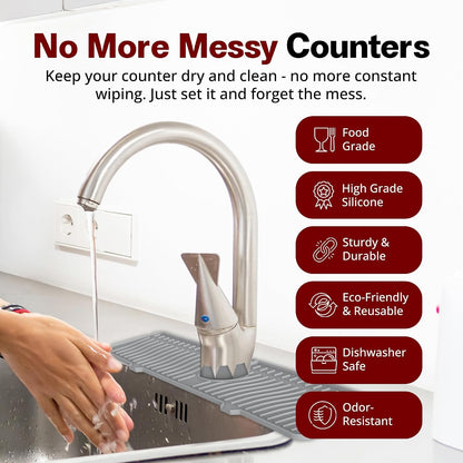 ODRAGO Silicone Kitchen Sink Splash Guard - 24.01 Inch Faucet Mat for Kitchen Sink Water - Longer Faucet Handle Drip Catcher Tray-Sink Guard for Kitchen Sink (Grey)