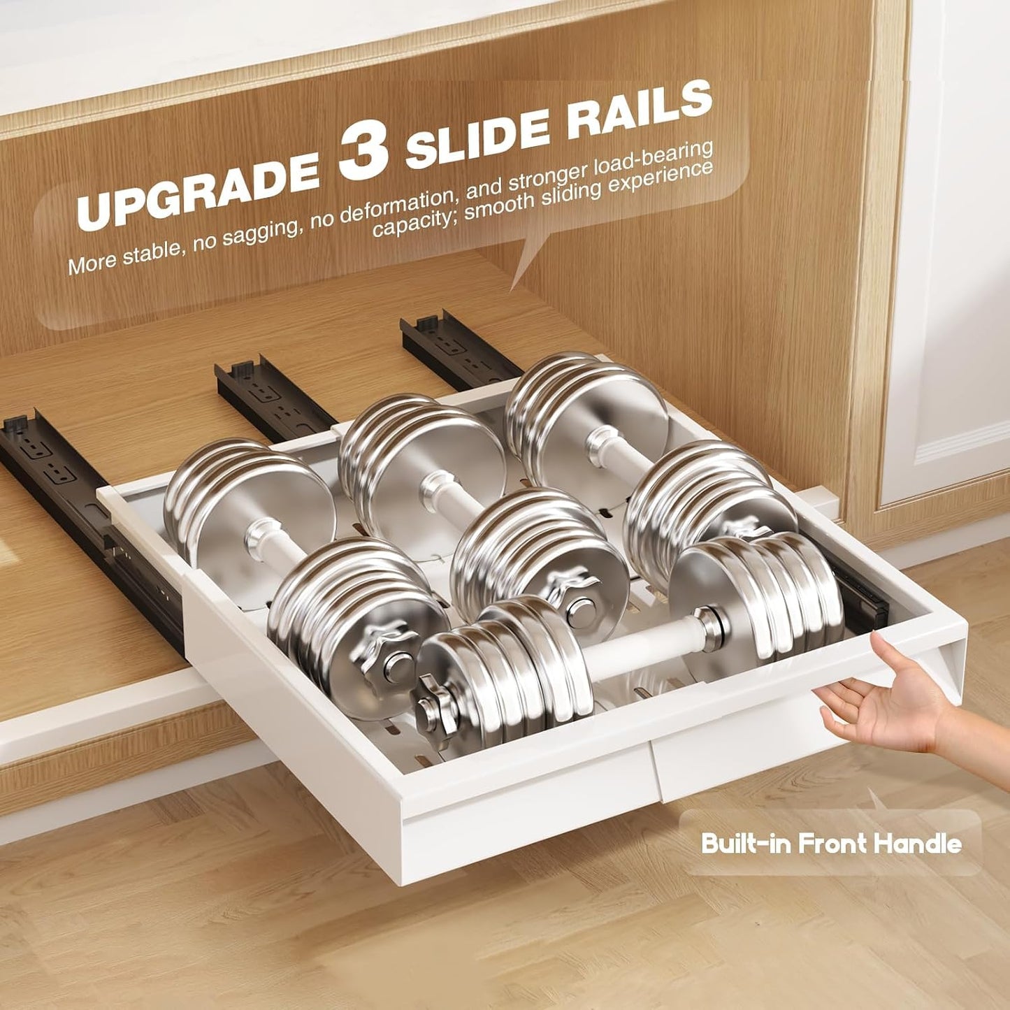Seinloes Pull Out Cabinet Organizer, 4-Side Expandable to Fit Most Cabinets, 3 Rail Slide Out Drawers with Raising Pad for Framed & Frameless Cabinets, 13"-21" W x 17"-24" D, White, 2 Pack