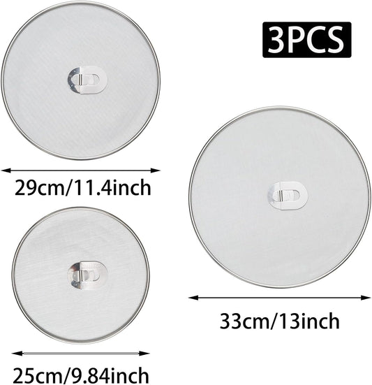 3 Pcs Splatter Screen for Frying Pan with Silicone Handle (9.8", 11.4", 13"), Stainless Steel Grease Splatter Guard for Kitchen Frying Pan Cooking to Prevent Oil Splatters