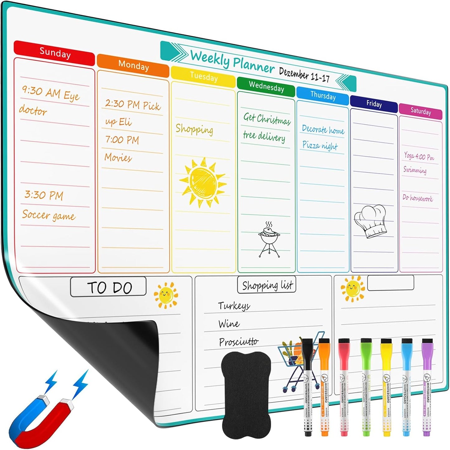 MaxGear Weekly Dry Erase Board for Fridge, 16"x12" Magnetic Calendar | Strong Magnetic, Smooth Writing and Effortless Erasing, Stain Resistant without any Stains with 7 Markers and 1 Eraser