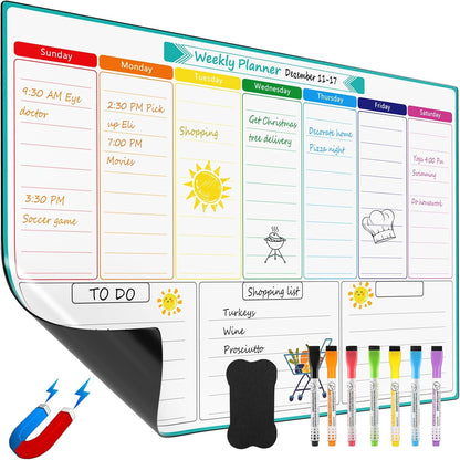 MaxGear Weekly Dry Erase Board for Fridge, 16"x12" Magnetic Calendar | Strong Magnetic, Smooth Writing and Effortless Erasing, Stain Resistant without any Stains with 7 Markers and 1 Eraser