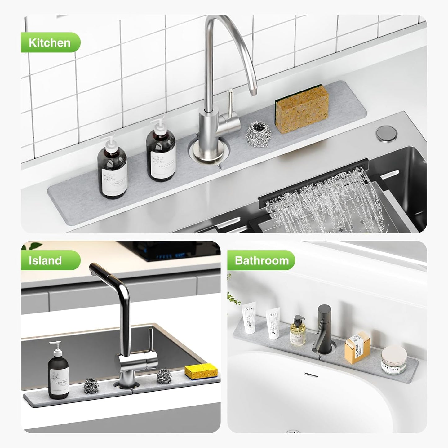 Premium Stone Faucet Mat for Kitchen Sink, 30" x 4" White | Quick Drying & Water Absorbent, Sink Splash Guard Tray for Prevents Moisture Buildup