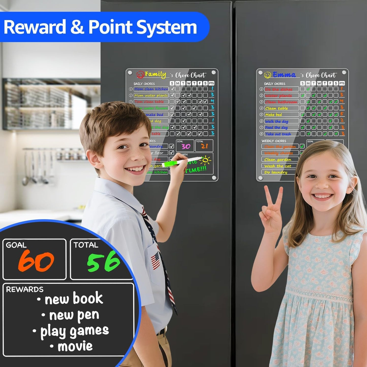 PigPotParty Acrylic Magnetic Chore Chart for Kids, 12x9.5 Inch, 2 Pack | Sleek Clear Acrylic Design, Reward System Builds Habits, Built-In Magnets Require No Installation, 8 Wet-Erase Markers