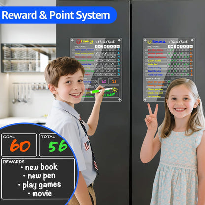 PigPotParty Acrylic Magnetic Chore Chart for Kids, 12x9.5 Inch, 2 Pack | Sleek Clear Acrylic Design, Reward System Builds Habits, Built-In Magnets Require No Installation, 8 Wet-Erase Markers