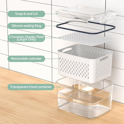 Anysig 8 Pack Fridge Fruit Storage Containers with Removable Colander | Fruit Containers for Fridge with 2 Function Divider Plate, Airtight Storage Container, Dishwasher Safe,Keep Berry Fruit Fresh