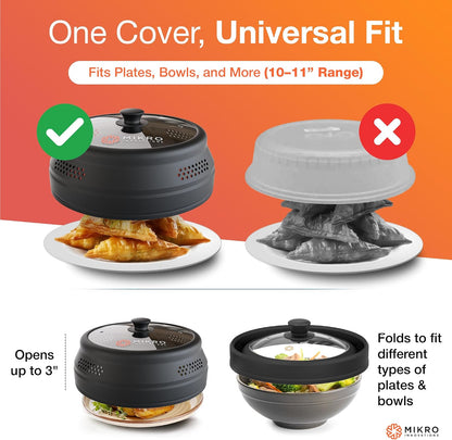 Glass & Silicone Microwave Splatter Cover – Tall and Collapsible Design that fits 6-10.5in Plates and Bowls - Space Saving, BPA Free & Dishwasher Safe (1, Black, large)