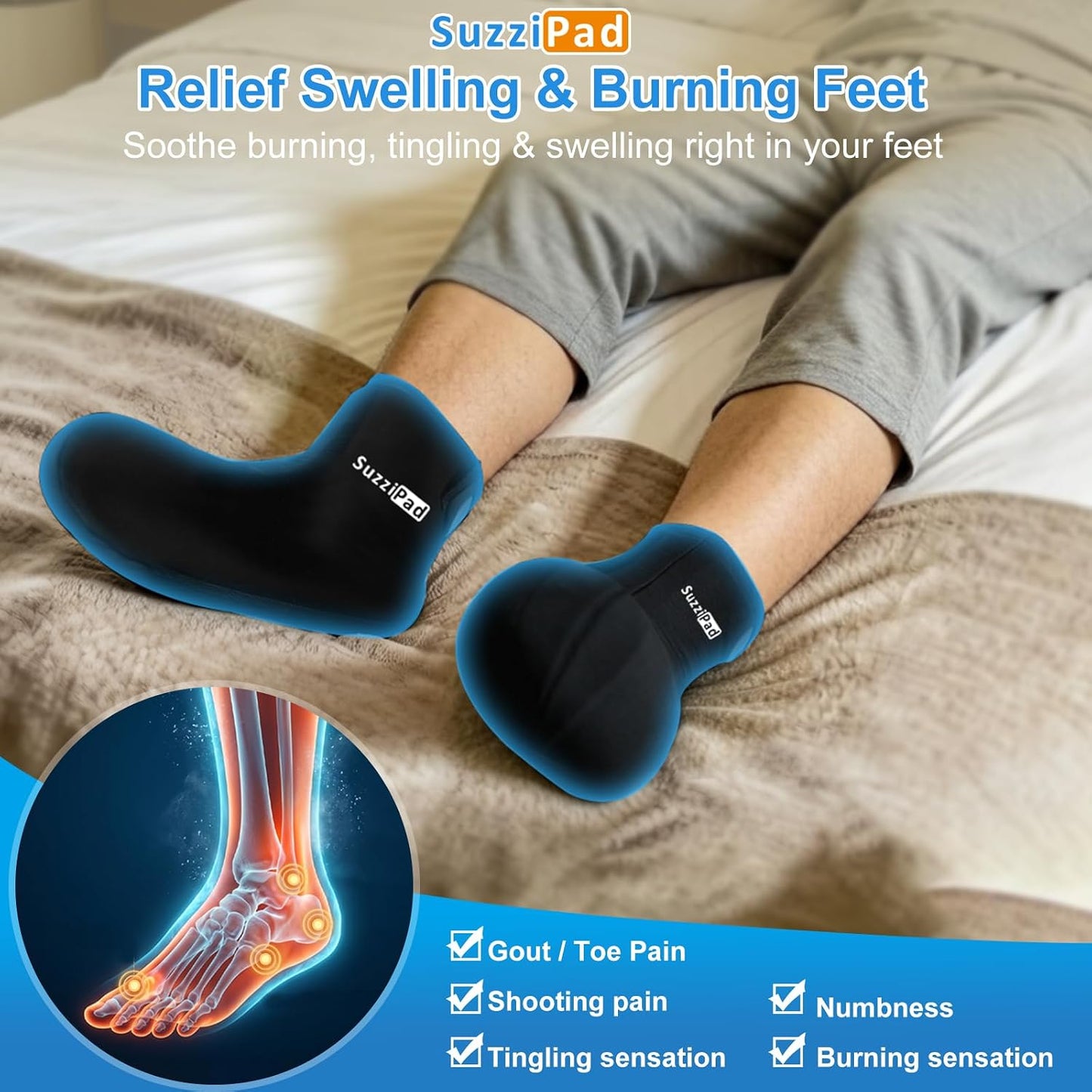 SuzziPad Cold Therapy Socks, Adjustable Ankle Ice Pack Wrap for Chemo, M | Burning Relief Reusable Foot Ice Pack Wrap for Plantar Fasciitis, Arthritis, Achilles Tendonitis, Swelling, Tired & Achy Feet