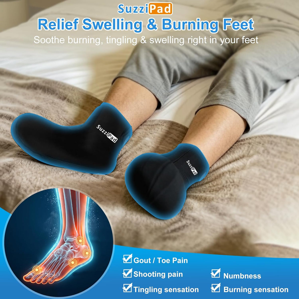 SuzziPad Cold Therapy Socks, Adjustable Ankle Ice Pack Wrap for Chemo, M