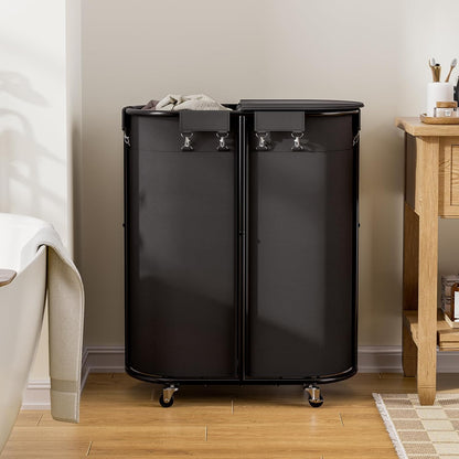 Laundry Hamper with Wheels and Lid, 100L Half Round Rolling Laundry Basket | Gasvadivum Sturdy Metal Frame Laundry Cart with Removable Bag, Dirty Clothes sorter Organizer for Bathroom, Bedroom, Black