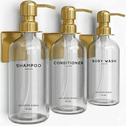 White Shampoo and Conditioner Dispenser Set Wall Mounted by Brighter Barns - Shower Dispenser 3 Chamber No Drill - Refillable Shampoo and Conditioner Bottles for Shower Wall in Airbnb, Hotel (White)