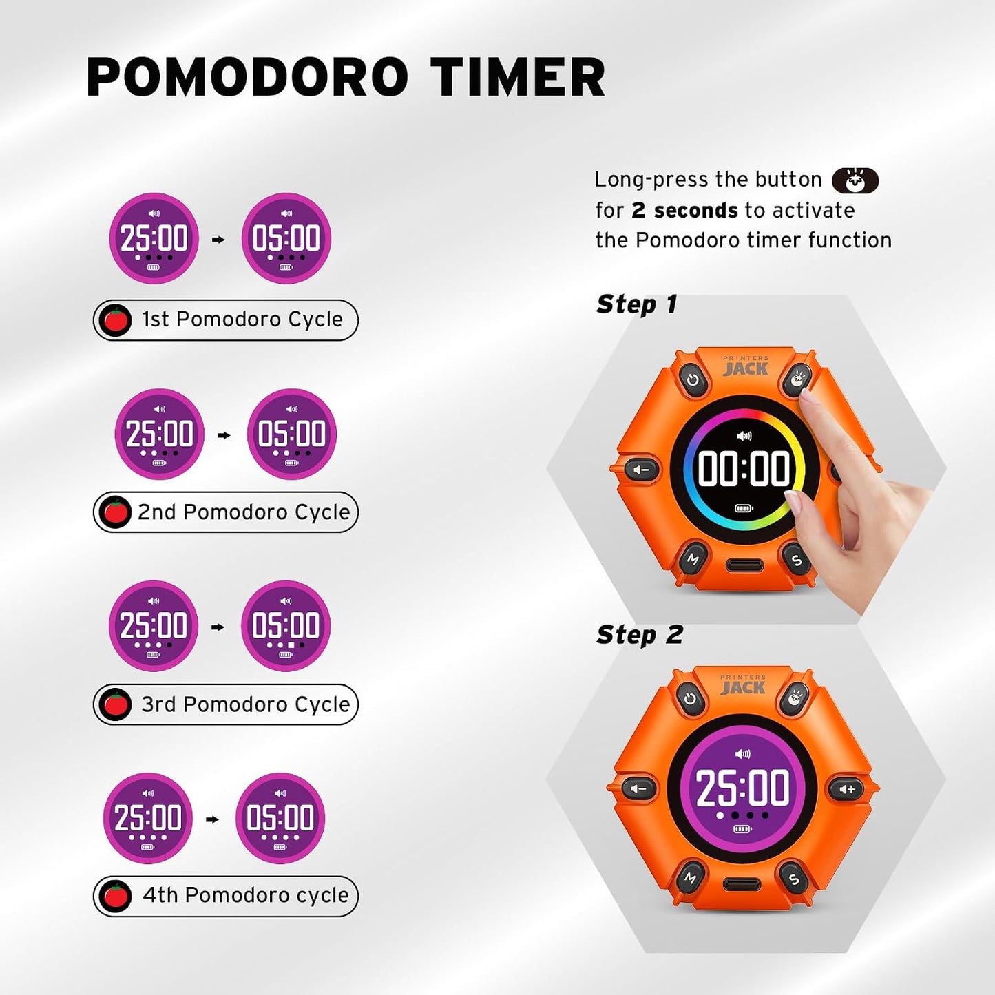 Jack Pomodoro Timer - Productivity Cube, Visual Focus Timer, Mute & Vibration & Adjustable Sound Alert, for Office, ADHD, Study, Work, 3/5/10/25/30/60min & Custom Countdown - Black