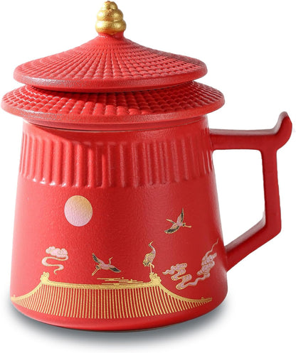 Loose Leaf Tea Cup with Infuser and Lid, 14.8oz Chinese Ceramic Mug with Fine Mesh Strainer, Office Steeping Cup for Tea Lovers Gifts