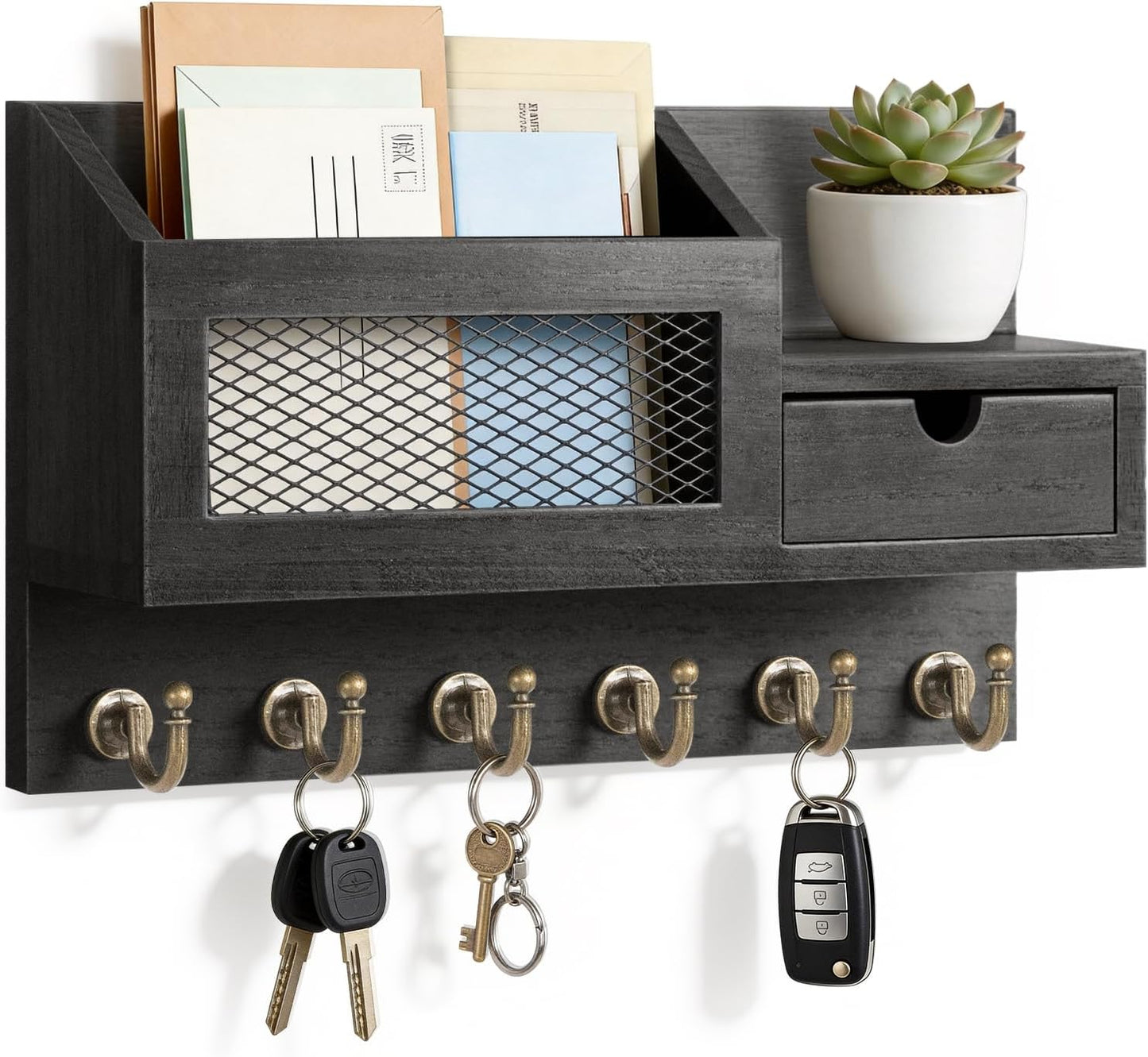 FifthQuarter Key and Mail Holder Wall Mount with Drawer and 6 Sturdy Hooks | Cute Rustic Farmhouse Wooden Key Hanger, Reliable Entryway Organizer for Keys and Daily Essential, Easy Installation, A-White