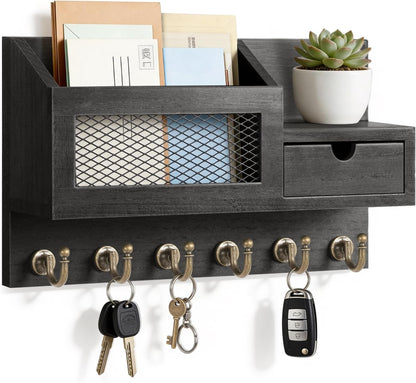FifthQuarter Key and Mail Holder Wall Mount with Drawer and 6 Sturdy Hooks | Cute Rustic Farmhouse Wooden Key Hanger, Reliable Entryway Organizer for Keys and Daily Essential, Easy Installation, A-White